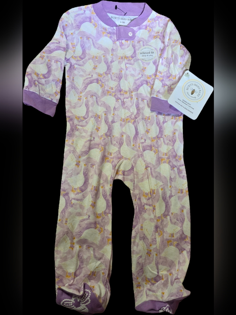 Burt's Bees Baby Lavender Goose Print ZIP FOOTIE